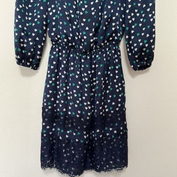 Max Studio Heart Print 3/4 Balloon Sleeve Lace Trim Satin Mini Dress Size XS - Picture 3 of 6